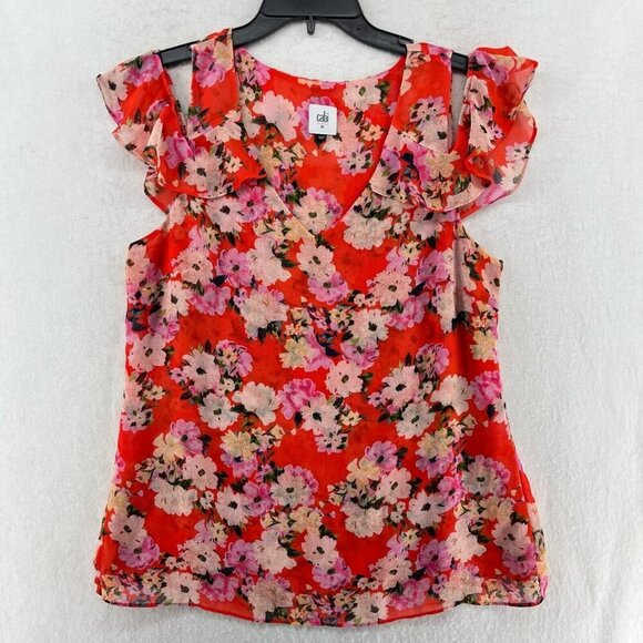 Cabi Blouse Women M Orange Pink Floral Cold Shoulder Short Sleeve Ruffles V Neck - Picture 1 of 12